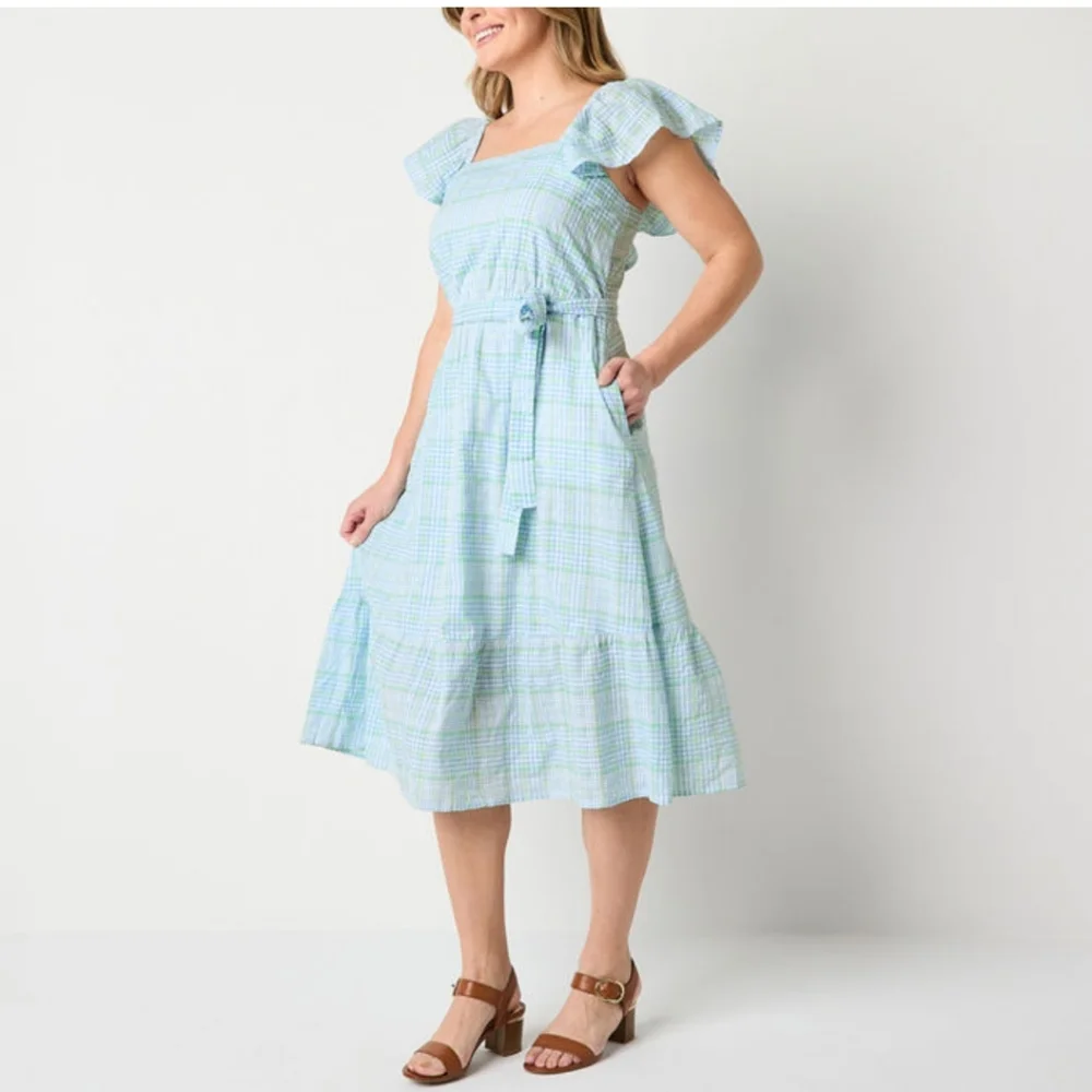St. John's Bay SquareNeck Midi Oversized Plaid Romantic Dress Pockets Cotton XL - Picture 1 of 8